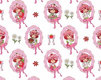 Tessuto di Fragolina Dolcecuore, venduto a mezzo metro, con stampa di una ragazza fragola in stile cartone animato, 100% cotone, ideale per lavori di cucito e patchwork.