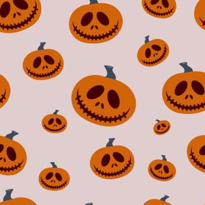 Puede incluir: Un patrón repetitivo de calabazas naranjas con ojos ovalados de color marrón oscuro y bocas con estilo de costura sobre un fondo malva claro. Cada calabaza tiene un pequeño tallo gris oscuro, creando un diseño gráfico uniforme.