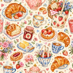 May include: A repeating pattern featuring croissants, strawberry jam jars, butter, teapots, and cups of coffee. The design includes floral bouquets, baskets filled with strawberries and blue flowers, and small red hearts on a cream background.
