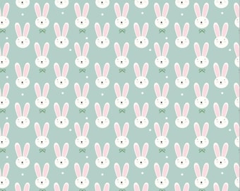 Mint Bunny Face Cotton Fabric Cute Minimal Rabbit Print, 100% Cotton Fabric Quilting, Kids’ Sewing & Easter Crafts Fabric By The Half Yard