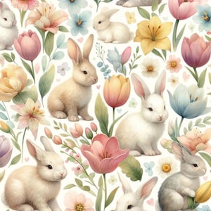 Spring Bunny Meadow Cotton Fabric Watercolor Rabbits & Tulips 100% Cotton Fabric Quilting, Baby Sewing Easter Fabric By The Half Yard