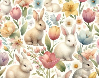 Spring Bunny Meadow Cotton Fabric Watercolor Rabbits & Tulips 100% Cotton Fabric Quilting, Baby Sewing Easter Fabric By The Half Yard
