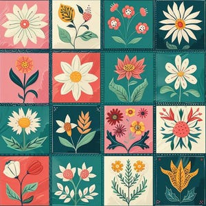 Grid Folk Floral Fabric Patchwork Square Flower Fabric Quilting Sewing Fabric Rustic Cushion Fabric 100% Cotton Fabric By The Half Yard