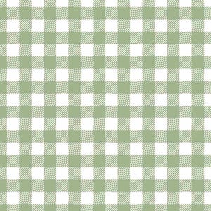 Op de afbeelding: Een naadloos patroon met een klassiek ruitjesontwerp. Het patroon bestaat uit gelijkmatig verdeelde vierkanten in een zacht, gedempt groen en wit kleurenschema. Het ontwerp is een herhalend raster van afwisselend gekleurde vierkanten.