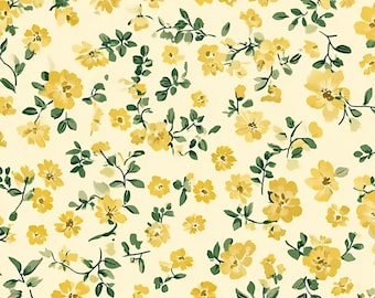 Tela floral amarilla por medio metro, estampado de flores y hojas verdes en acuarela, 100% algodón, material para manualidades de patchwork.
