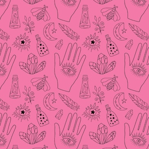 May include: A repeating pattern on a bright pink background featuring black line art illustrations of open palms with eyes in the center, moths, crescent moons with stars, glass bottles containing crystals or stars, feathers, and crystal clusters.