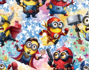 Tessuto con stampa dei Minions Supereroi, venduto a mezzo metro, con i Minions dagli occhi grandi, in stile cartone animato anime, 100% cotone, ideale per lavori di cucito e patchwork.