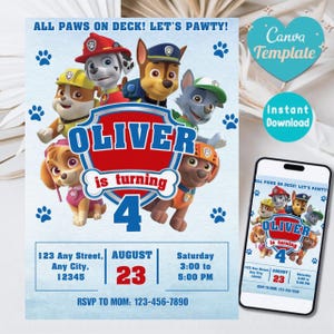 May include: A blue birthday party invitation with cartoon characters. The invitation says "Oliver is turning 4" and includes event details. A smartphone displays the invitation. The text reads "All Paws on Deck! Let's Pawty!"