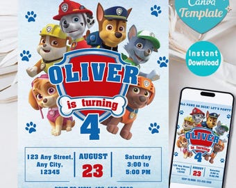 編集可能なPaw-ty誕生日招待状テンプレート、キッズパーティー招待状、Puppy Patrol Pupの男の子と女の子の誕生日、すぐにダウンロード
