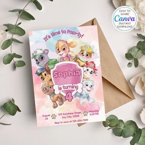 May include: A birthday party invitation featuring cartoon characters from Paw Patrol. The invitation has a pink and watercolor background with the text "It's time to Paw-ty!" and "Sophia is turning 4". Includes the Canva logo.