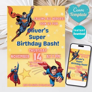 Modelo de convite de aniversário de super-herói editável no Canva | Convite para festa infantil com história em quadrinhos e foto | Cartão de festa para impressão | Download instantâneo