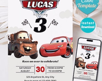 Cars Birthday Invitation, Birthday Invitation, Lightning McQueen Invitation, Kids Birthday Invitation, Editable Canva Template