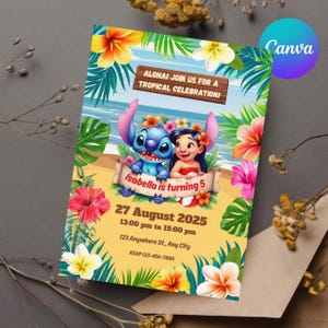 Editable Stitch Birthday Invitation, Printable Cute Stitch Party Invite, Stitch & Lilo Girls Birthday Party Invite, Canva Instant Download