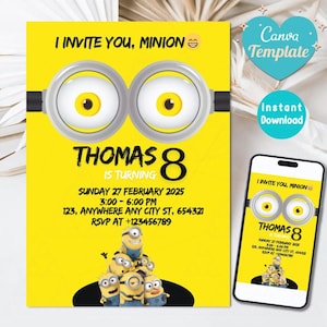 Kids Birthday Invitation, Minion Themed Editable Birthday Invite, Girls Birthday, Boys Invitation, Editable Minion Kids Birthday invitation