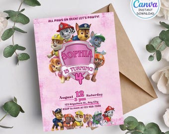 Plantilla editable de invitación de cumpleaños con temática de cachorros / Cumpleaños de la Patrulla Cachorros para niños y niñas / Invitación imprimible para fiesta infantil / Descarga instantánea