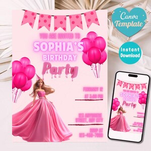 Invito di compleanno modificabile a tema principessa rosa per bambine - Modello Canva per festa glamour con palloncini e abito - Download immediato, biglietto digitale
