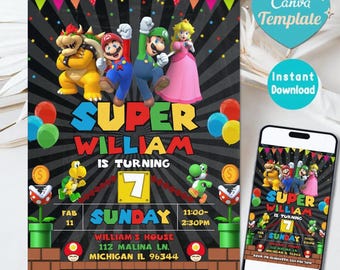 Invitación editable de Mario Bros., invitación de cumpleaños de Super Mario, invitaciones imprimibles para fiestas de cumpleaños, plantilla digital para invitación de cumpleaños