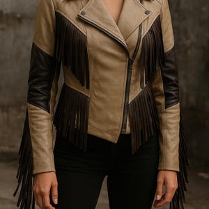 Handemade Women’s Tan & Brown Fringe Leather Jacket Western Cowgirl Biker Style Handmade Real Leather Moto Coat