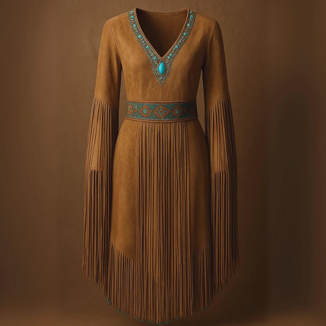 Suede Dress with Turtleneck and Fringes
