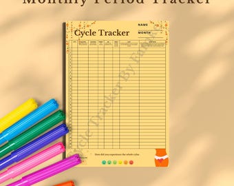 May include: A yellow printable monthly period tracker with a floral design. The tracker includes sections for tracking bleeding, mood, energy, skin, and flow. It also includes a section for tracking how you experienced the whole cycle with emojis.