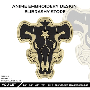 Op de afbeelding: Zwart en goud borduurontwerp met een gestileerde schedel met een ster. Het ontwerp is getiteld "ANIME EMBROIDERY DESIGN ELIBRASHY STORE". Inclusief maten van 7,3 cm tot 22,6 cm en diverse bestandsformaten.