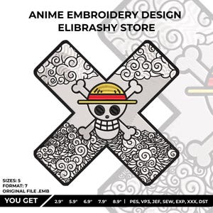 Puede incluir: Un diseño de bordado de anime con una calavera con huesos cruzados que lleva un sombrero de paja, sobre un fondo gris en forma de X con patrones de nubes. El diseño incluye el texto "ANIME EMBROIDERY DESIGN ELIBRASHY STORE".