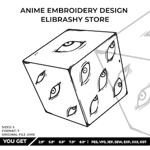 May include: Black and white line art of a cube with multiple stylized eyes on each face. The text "ANIME EMBROIDERY DESIGN ELIBRASHY STORE" is at the top. The bottom text reads "YOU GET" with size and format details.