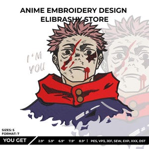 Könnte beinhalten: Anime-Stickdesign mit einer detaillierten Illustration eines Charakters mit roten Haaren und blutartigen Markierungen. Der Charakter trägt ein rot-blaues Outfit. Der Text "I'M YOU" ist ebenfalls enthalten. Von ELIBRASHY STORE.