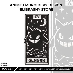 Op de afbeelding: Zwart-wit borduurontwerp met een Gengar-personage uit de Pokémon-serie. Het ontwerp heeft een rechthoekige vorm met de tekst "GENGAR" onderaan. De afbeelding bevat ook de tekst "ANIME EMBROIDERY DESIGN ELIBRASHY STORE".
