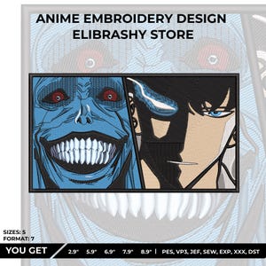 May include: Embroidered patch featuring two anime character portraits. One is a blue-skinned creature with red eyes and a wide grin. The other is a man with black hair and blue eyes. The text "ANIME EMBROIDERY DESIGN ELIBRASHY STORE" is at the top.