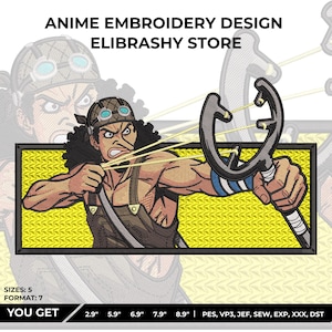 Könnte beinhalten: Anime-Stickdesign mit einer Figur mit einer Schleuder, vor gelbem Hintergrund. Die Figur wird mit entschlossenem Gesichtsausdruck, Brille und Latzhose dargestellt. Der Text "ANIME EMBROIDERY DESIGN ELIBRASHY STORE" steht oben.