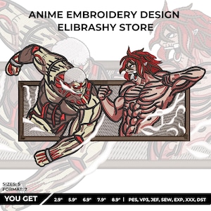 May include: Anime embroidery design showing two muscular figures in a fighting pose, framed within a rectangular border. The figures are detailed with red, brown, and white accents. The text "ANIME EMBROIDERY DESIGN ELIBRASHY STORE" is at the top.