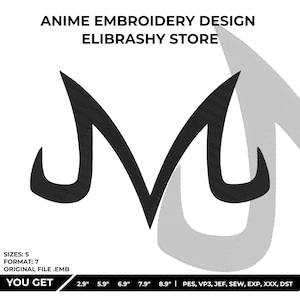 Puede incluir: Diseño bordado en negro de la letra "M" sobre un fondo blanco. El diseño forma parte de una colección de bordados de anime. La imagen incluye el texto "ANIME EMBROIDERY DESIGN ELIBRASHY STORE". Los tamaños de diseño varían de 7,3 cm a 22,6 cm.