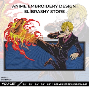 Könnte beinhalten: Gestickter Aufnäher mit einem Anime-Charakter, der mit Flammen tritt. Der Charakter trägt einen dunklen Anzug und hat blondes Haar. Der Aufnäher ist rechteckig mit blauem Hintergrund und dem Text "ANIME EMBROIDERY DESIGN ELIBRASHY STORE".