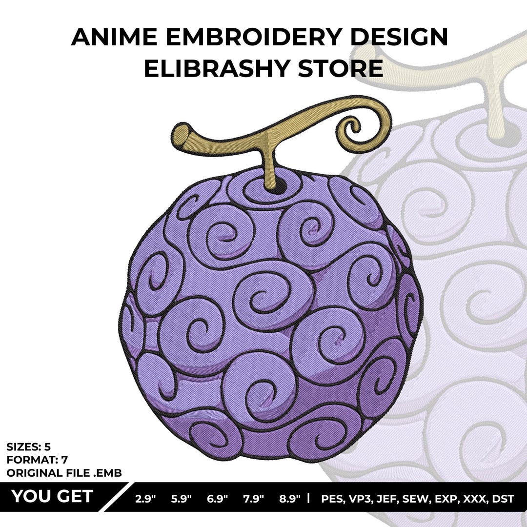 Anime Rubber Fruit Embroidery Design: 5 Sizes (5 Sizes - 8 Formats