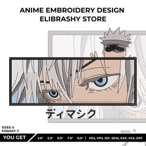 Puede incluir: Parche bordado con ojos de personaje de anime con iris azules y cabello blanco. El parche es rectangular con borde negro. El texto superior dice "ANIME EMBROIDERY DESIGN ELIBRASHY STORE". Las tallas son 7.4 cm, 15 cm, 17.5 cm, 20.1 cm, y 22.6 cm.