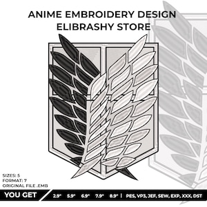 Op de afbeelding: Een anime borduurontwerp met een gestileerd embleem met zwarte en witte vleugels. De tekst "ANIME EMBROIDERY DESIGN ELIBRASHY STORE" staat bovenaan. Het ontwerp is verkrijgbaar in 5 maten, van 7,37 cm tot 22,61 cm.