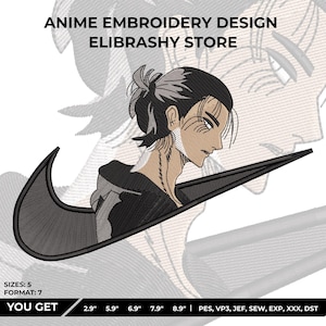 May include: An anime-style embroidery design featuring a character within a black Nike swoosh. The design includes the text "ANIME EMBROIDERY DESIGN ELIBRASHY STORE". The design is available in 5 sizes, ranging from 2.9" to 8.9", and 7 formats.