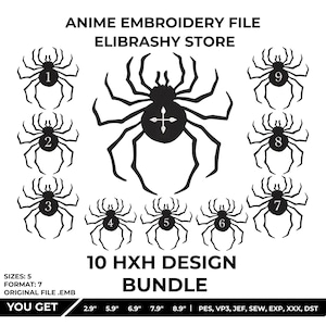 Numbered Spider Emblem Embroidery Bundle| Dark Anime Tattoo Inspired Pattern (5 Sizes, Instant Download)