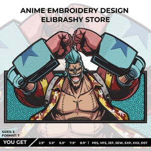 Puede incluir: Un diseño de bordado de anime que presenta un personaje musculoso con cabello turquesa y una amplia sonrisa, vistiendo una chaqueta colorida y grandes brazos mecánicos. Incluye el texto "ANIME EMBROIDERY DESIGN ELIBRASHY STORE".