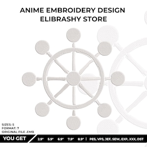 Può includere: Design di ricamo bianco con un motivo circolare, raggi e accenti circolari. Il testo "ANIME EMBROIDERY DESIGN ELIBRASHY STORE" è in alto. Il design è disponibile in 5 misure, da 7,3 cm a 22,6 cm.