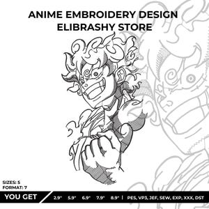 May include: Black and white anime embroidery design featuring a character with a wide grin and spiky hair. The text "ANIME EMBROIDERY DESIGN ELIBRASHY STORE" is at the top. The design is available in 5 sizes, ranging from 2.9" to 8.9".