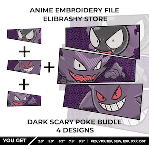 Puede incluir: Un paquete de archivos de bordado con cuatro diseños oscuros y aterradores. Los diseños presentan personajes de anime en morado y negro. El texto "ANIME EMBROIDERY FILE ELIBRASHY STORE" y "DARK SCARY POKE BUDLE 4 DESIGNS" es visible.