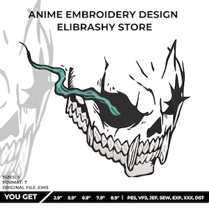 Puede incluir: Diseño de bordado de anime con una calavera estilizada con dientes afilados y un mechón de color turquesa. El diseño incluye el texto "ANIME EMBROIDERY DESIGN ELIBRASHY STORE". Disponible en varios tamaños, de 7,37 cm a 22,61 cm.