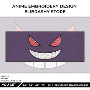 May include: A purple embroidery design featuring a cartoon face with red eyes and a wide, toothy grin. The design is rectangular and includes the text "ANIME EMBROIDERY DESIGN ELIBRASHY STORE". Available in various sizes from 2.9" to 8.9".