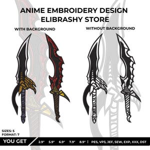 Può includere: Design di ricamo anime di Elibrashy Store. L'immagine mostra due set di spade stilizzate, uno con sfondo e uno senza. Le spade sono nere, rosse e dorate. Le dimensioni variano da 7,4 cm a 22,6 cm. L'immagine elenca anche i formati disponibili.