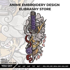 Puede incluir: Diseño de bordado de anime con un personaje estilizado, una espada, empuñadura morada y una fruta. El diseño incluye el texto "ANIME EMBROIDERY DESIGN ELIBRASHY STORE". Las dimensiones de la imagen son de 7,3 cm a 22,6 cm.