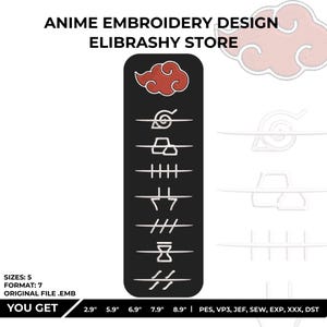 May include: A black embroidery design featuring various anime symbols, including a red cloud and other white graphics. The text "ANIME EMBROIDERY DESIGN ELIBRASHY STORE" is at the top. The design sizes range from 2.9" to 8.9".