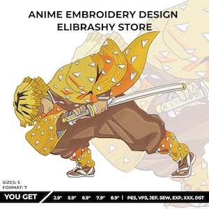 Może przedstawiać: Wzór haftu przedstawiający postać z anime w dynamicznej pozie, trzymającą miecz. Projekt jest głównie żółty i brązowy, ze szczegółowymi przeszyciami. Tekst "ANIME EMBROIDERY DESIGN ELIBRASHY STORE" znajduje się na górze. Rozmiary od 7,3 cm do 22,6 cm.