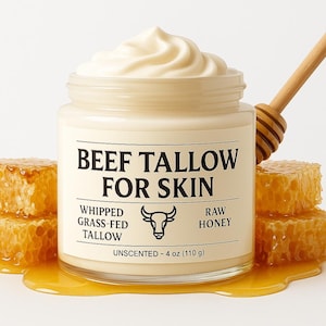 Whipped Beef Tallow for Skin, Tallow and Raw Honey Balm for Face, Moisturizer with 100% Organic Grass Fed Beef Tallow Skin Care